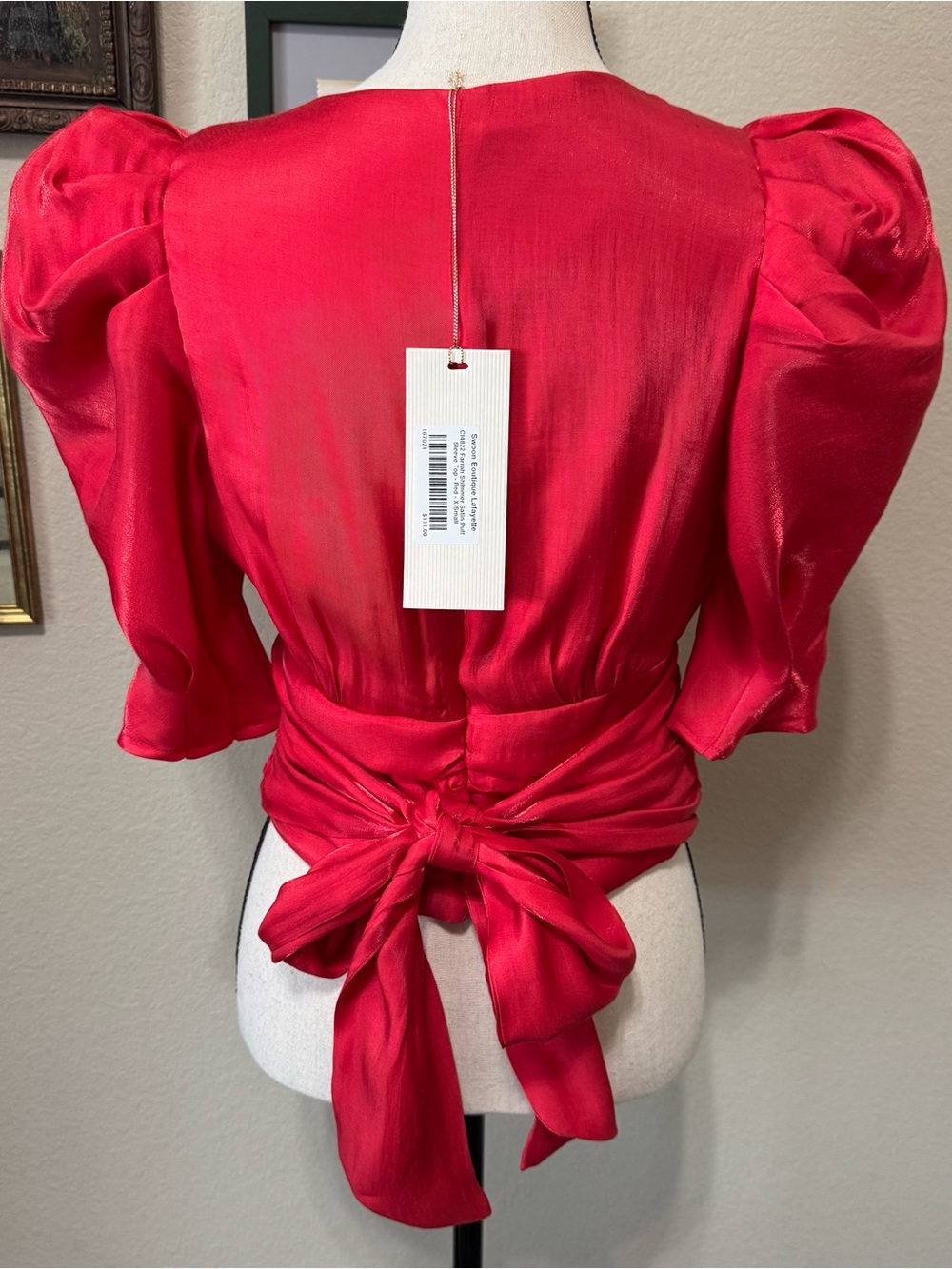 CIEBON | Farrah Shimmer Satin Red Puff Sleeve Shirt Blouse XS NWT - Picture 4 of 16